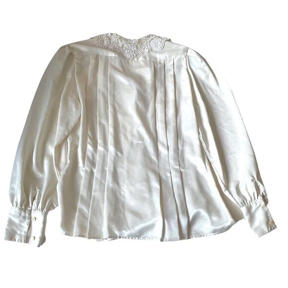 Vintage 1980s Satin Blouse Lace Floral Collar Button Down Made in Korea White 10 - Picture 2 of 11